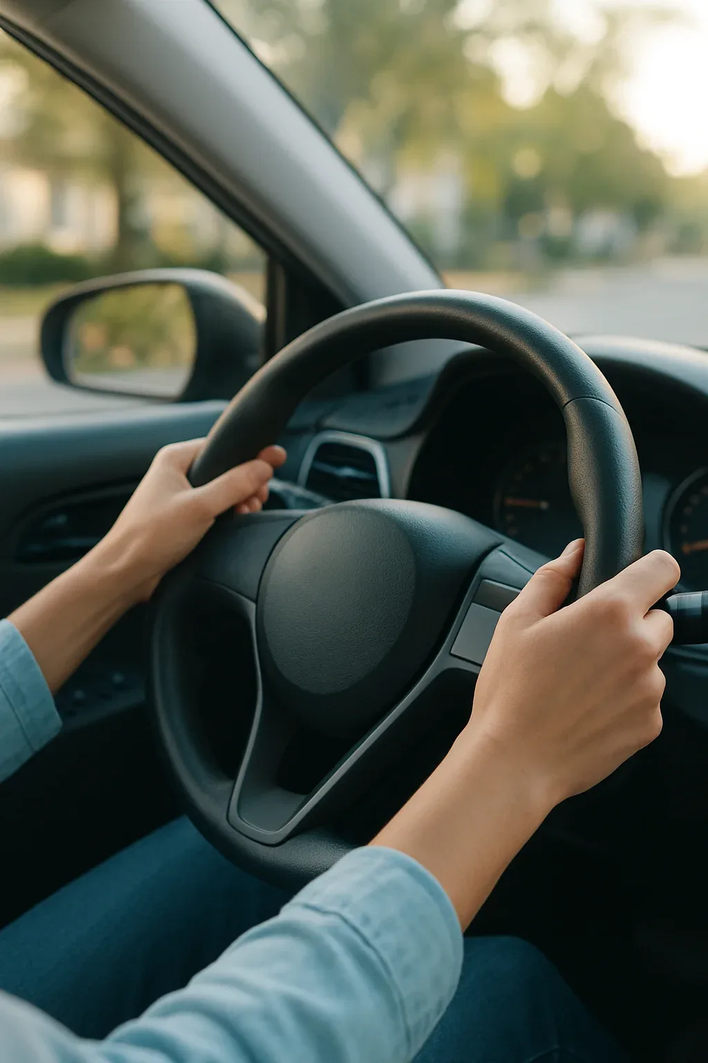 Manos apoyadas con calma sobre el volante de un coche aparcado a la luz de la tarde