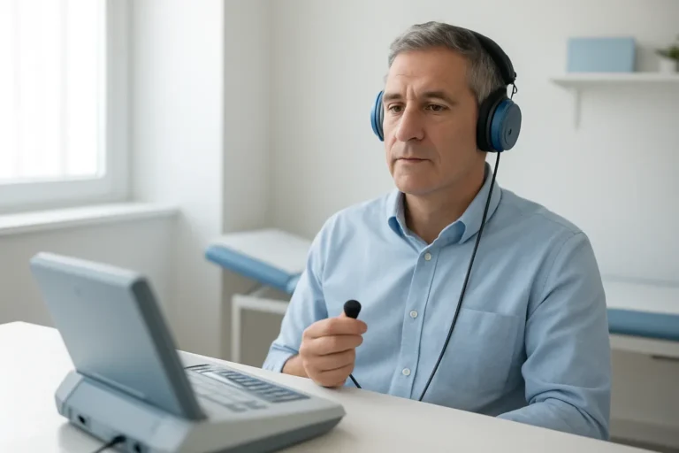 Audiometría con auriculares durante el reconocimiento médico para renovar el carnet de conducir
