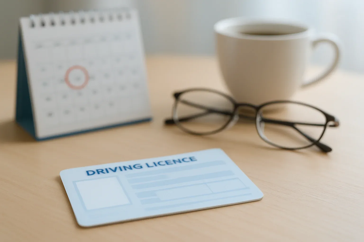 Carnet de conducir junto a un calendario de pared con una fecha marcada en rojo