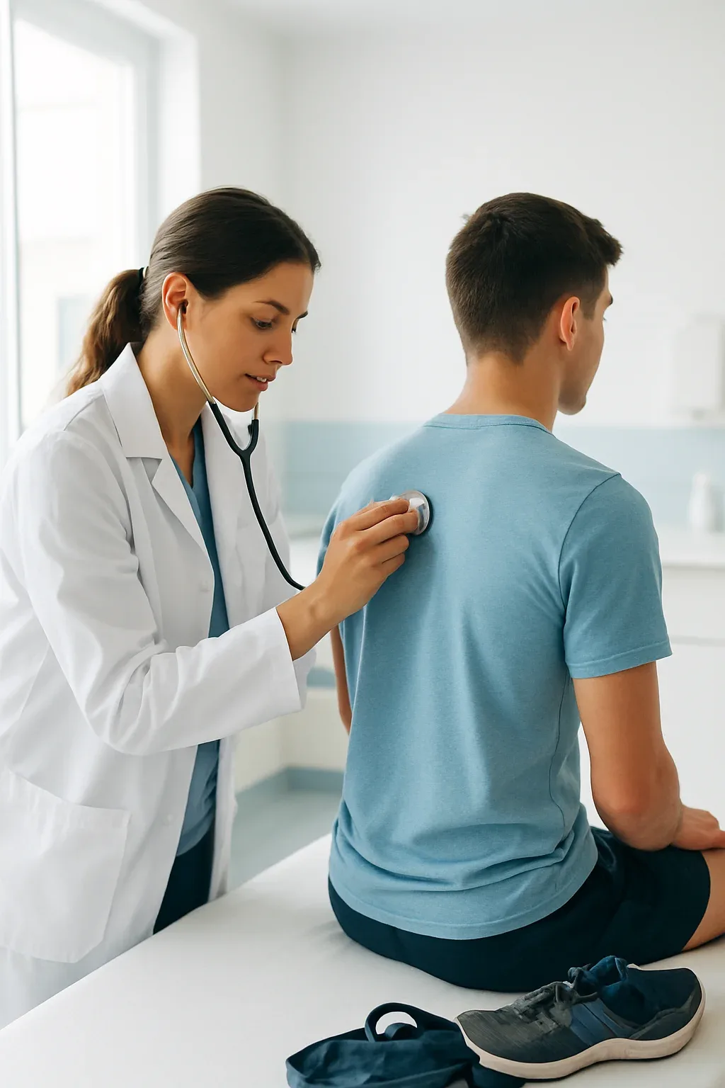 Médica auscultando a un joven deportista durante la revisión para el certificado deportivo