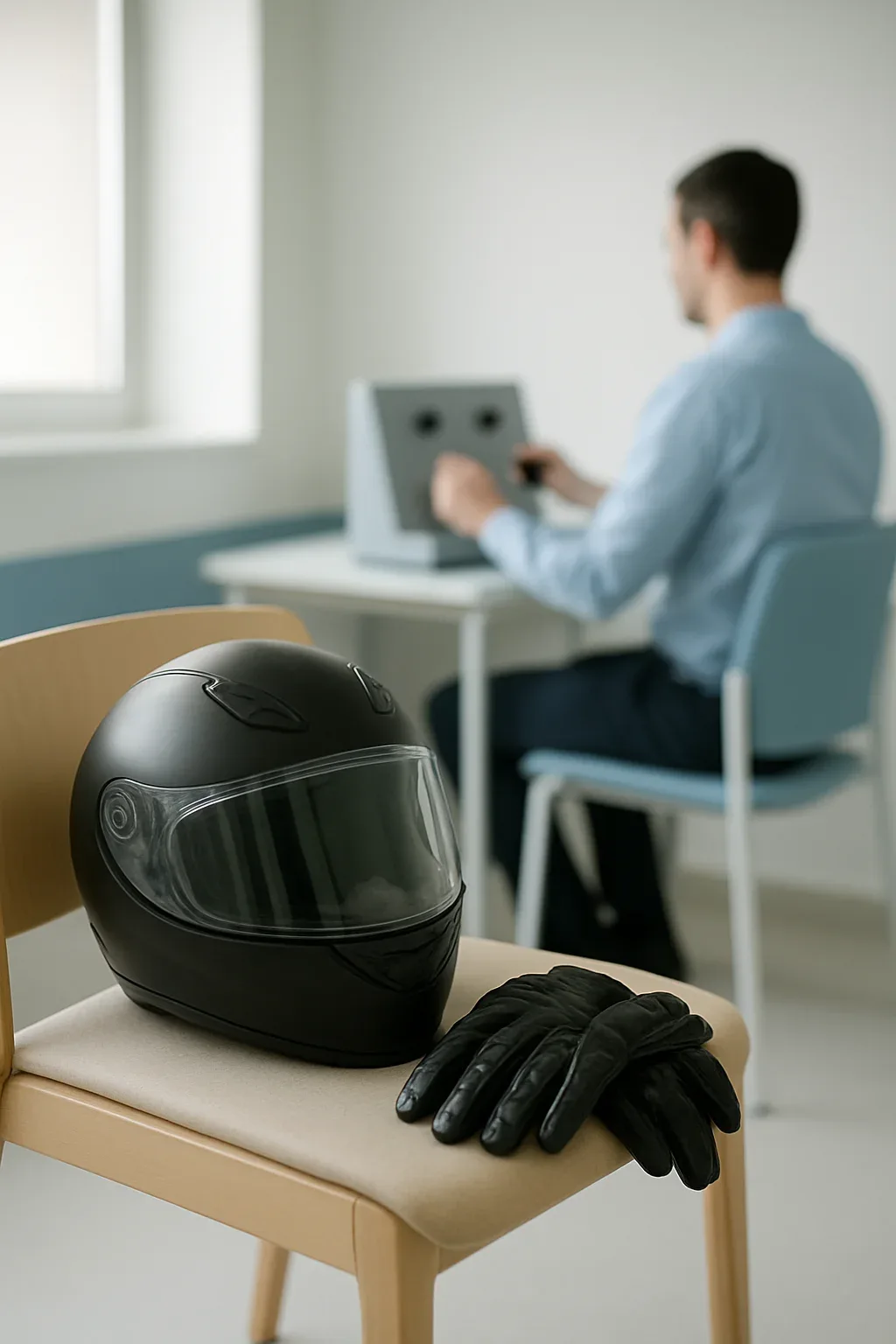 Casco de moto y guantes sobre una silla mientras su dueño hace el reconocimiento médico del carnet de moto