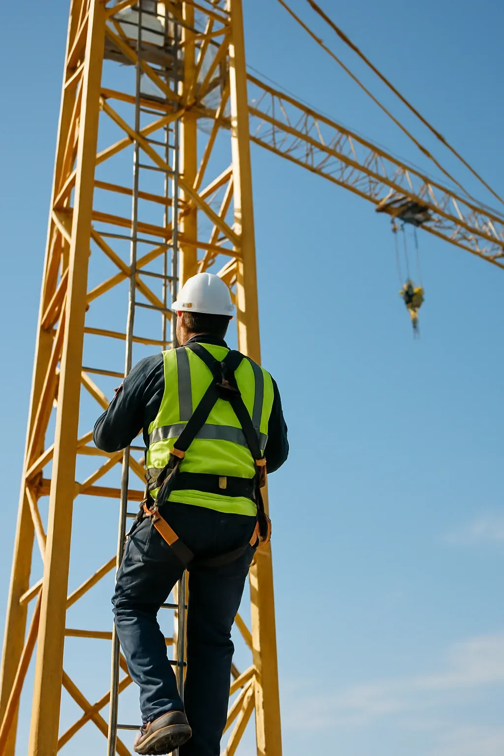Operador de grúa torre subiendo a la cabina en una obra de edificación