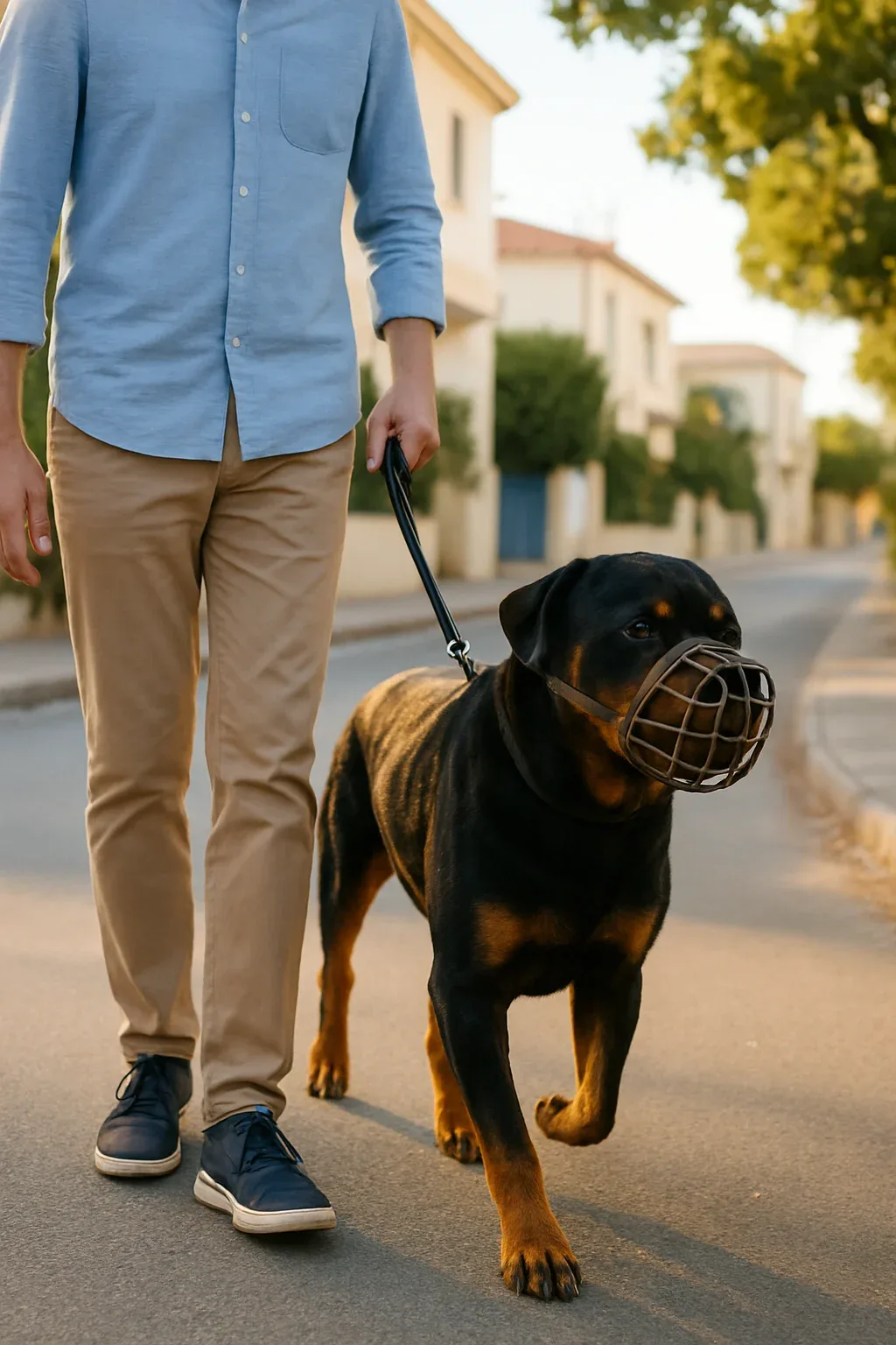 Persona paseando un perro con bozal y correa corta por una calle residencial