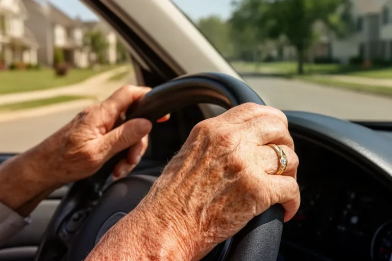 Manos de un conductor mayor de 70 años al volante en carretera