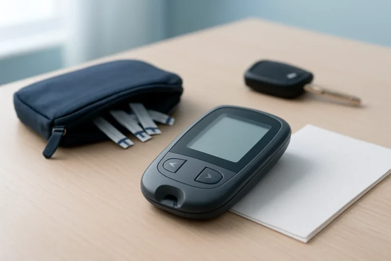 Medidor de glucosa y llaves del coche sobre una mesa antes de renovar el carnet de conducir con diabetes
