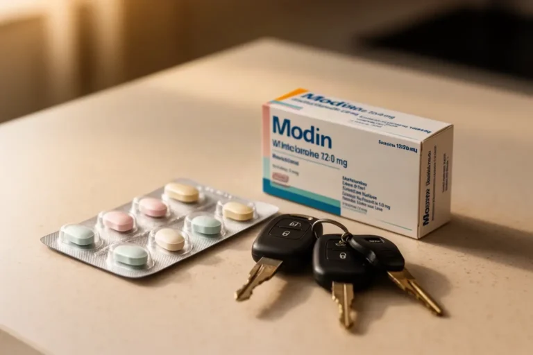 Medicamentos y llaves del coche sobre la mesa antes de conducir