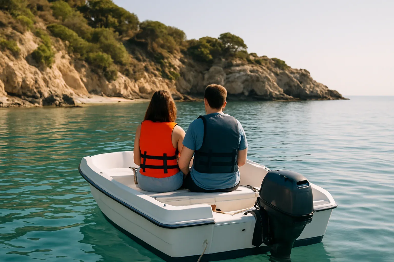Pequeña barca de alquiler de 5 metros con motor fueraborda junto a la playa, que se puede navegar sin titulación