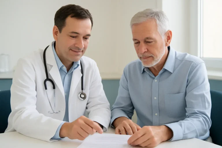 Paciente y médica revisando juntos un informe del especialista en la consulta