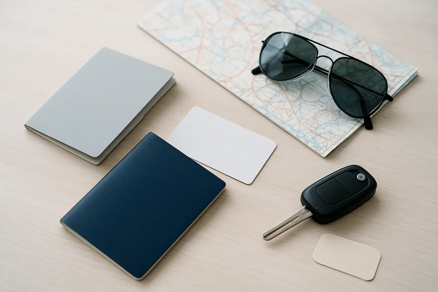 Pasaporte, permiso internacional de conducción y llaves de un coche de alquiler preparados para un viaje
