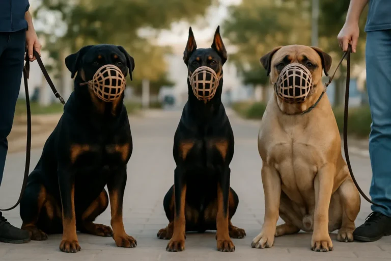 Tres perros de razas consideradas potencialmente peligrosas en Cataluña, con bozal y correa corta