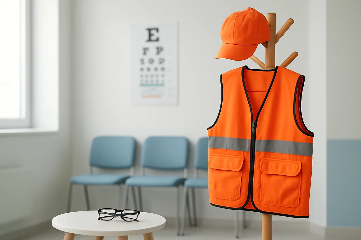 Chaleco y gorra naranja de caza junto a unas gafas, preparados para el psicotécnico de la licencia de caza