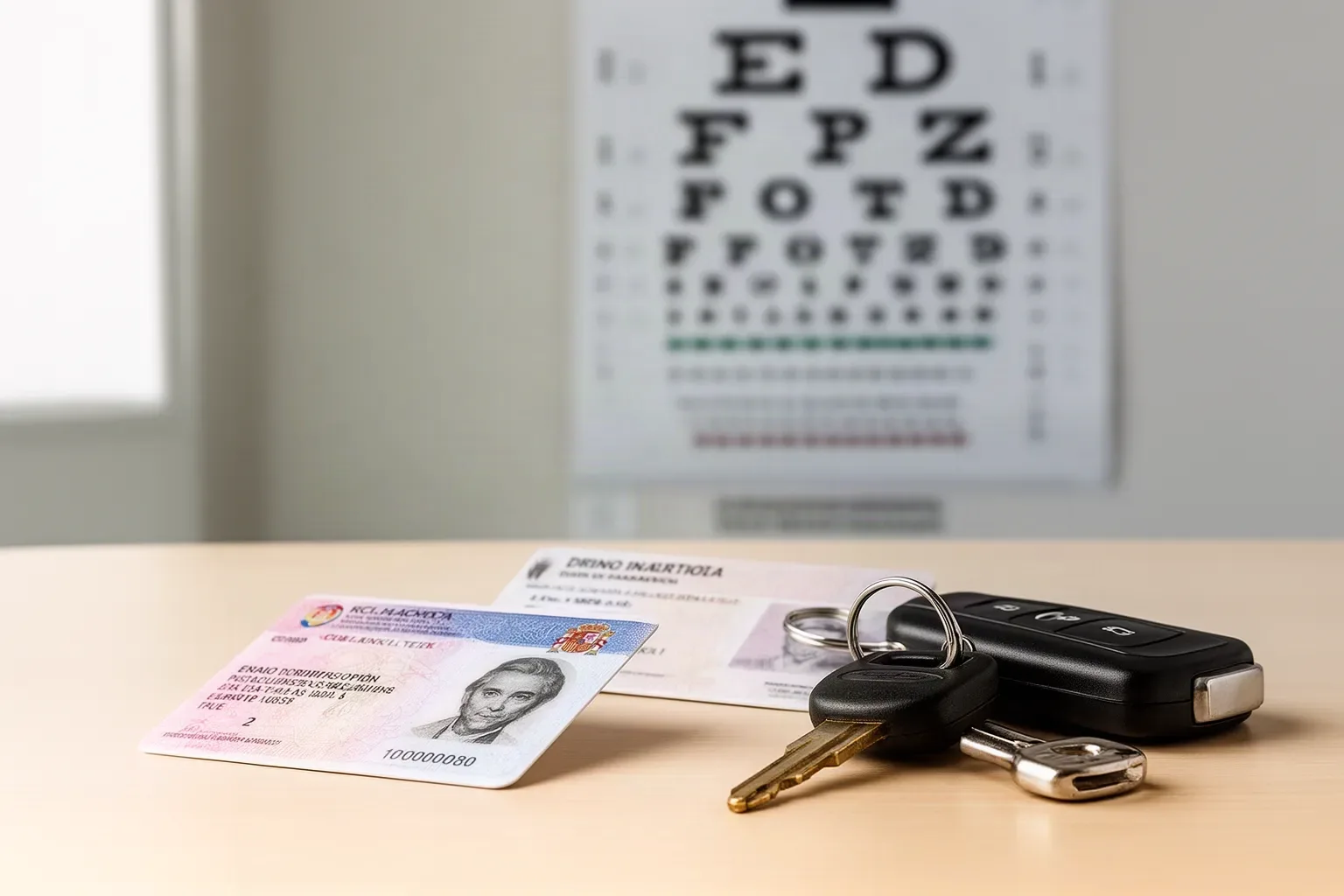 Carnet de conducir y llaves sobre la mesa del reconocimiento para renovarlo en Cerdanyola