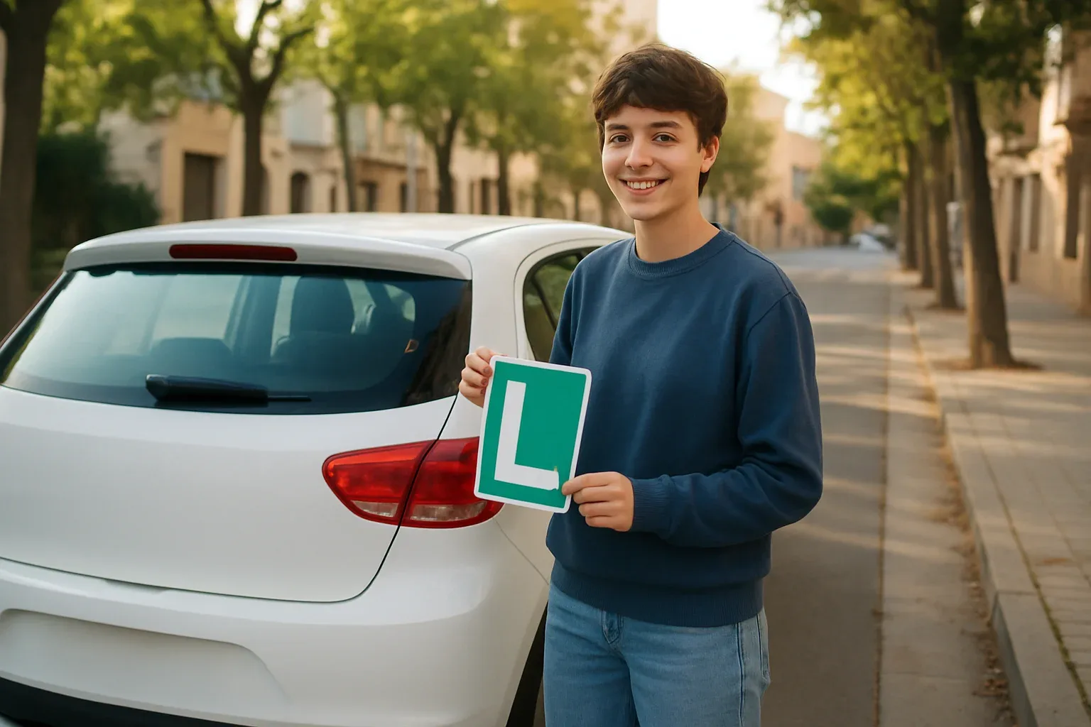 Joven de 18 años con la placa L de conductor novel tras sacarse el carnet de conducir