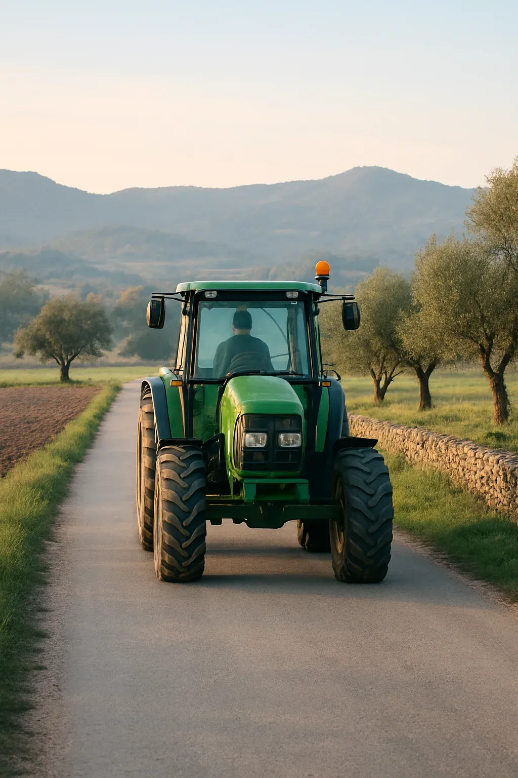 Tractor agrícola circulando por un camino rural del Vallès, conducido con licencia LVA o permiso B