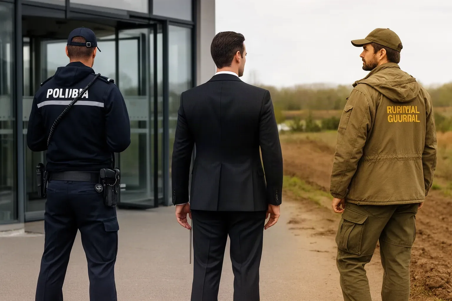 Vigilante, escolta y guarda rural de espaldas, tres profesiones de seguridad privada